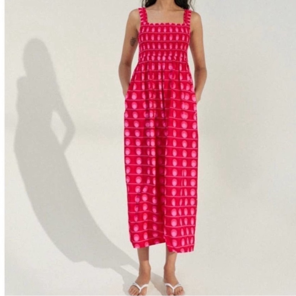 Zara Printed Midi/Maxi Dress Smocking Poplin Cotton Fuchsia, M